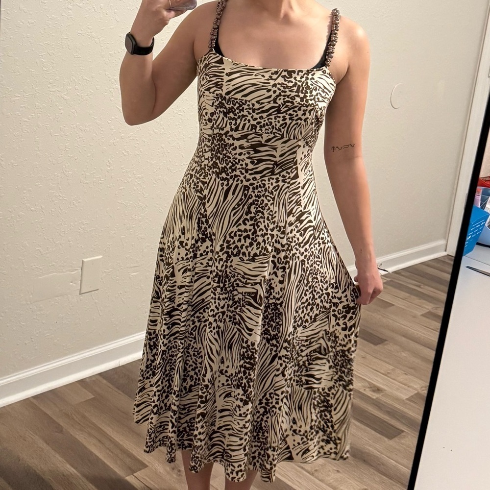 Maggy Boutique Y2K Animal Print Beaded Spaghetti Strap Midi Dress